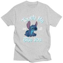 Disney Stitch Anime Tshirts for Men Short Sleeves Graphic T Shirt Touch Me I Will Bite You T-shirts 100% Cotton Tee Tops Apparel XXXL