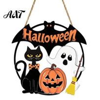 Layered Wooden Wall Decor Halloween Wood Hanging Ornament with Ghost Pumpkin Bat Cat Prints, Durable Waterproof Festive Art Front Door Sign for Indoor A