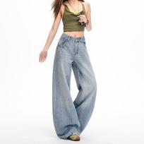 Spring Lazy Heavy Wash Non Stretch Low Waist Relax Wide Leg Saber Cut Denim Pants For Women Casual Pants Oversize Denim Trousers XS