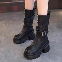 Fashion Leather Elegant Heeled Ladies Mid Calf Shoes Round Toe Platform Women's Half High Boots Autumn Winter Gothic on Offer Footwear 35