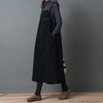 Women Plus Size Big Pockets Corduroy Strap Dress Loose Long Dress XL