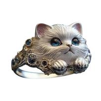 Finger Ring Hand-Engraved Cat Decor Women Men Ring with Rhinestone Inlay Smooth Modern Finish Animal Ring Jewelry Gift Cat