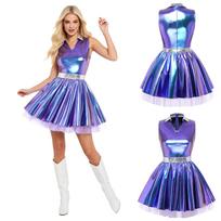 Womens Tulle Tutu Dress V Neck Lapel Sleeveless A Line Hem Metallic Shiny Mini for Club Stage Dance Night Party S mėlyna