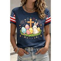 Women's Easter Bunny Cross Print American Flag Sleeve Round Neck T-Shirt Short Sleeve Tops Navy Wear for Spring Summer S