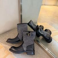 Vintage belt buckle canvas with cowhide mid-calf boots for women, spring new chunky heel Western denim boots, stacked boots 35