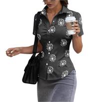 Women's Color Short Sleeve Button Down Shirt, Slim Fit, Summer Top L