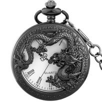 Antique Chinese Zodiac Dragon Vintage Quartz Pocket Watch with Chain, Retro Flip Cover Hollow Pendant Christmas Gift Necklace juoda