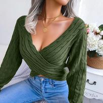 Sexy Cross V-neck Sweater High Waist Exposed Navel Knit Fried Dough Twists Pattern Women Long Sleeved Pullover New Fashion Solid Color Short Sweater S