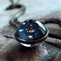 Solar System Necklace Pendant, Planet Necklace,Galaxy S, Double Sided Glass Dome ARI