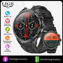LIGE 2024 Naujas karinis išmanusis laikrodis 710 mAh LED žibintuvėlis Bluetooth skambutis Vyriškas išmanusis laikrodis Vandeniui atsparus lauko sporto fitneso išmanusis apyrankė silicone strap oranžinė