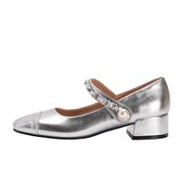 Fashion Silver Low Thick Heels Mary Janes Woman Chain Belt Strap Ballets Shoes Wedding Bridesmaide Pumps Femmes Square Toe Traf Tacones 4.5