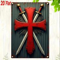 Medieval Metal Sign - Crusader Knight Templar Cross, Red Gold Accents, 1pc, Heavy Duty 2D Flat Wall Decor 20X30