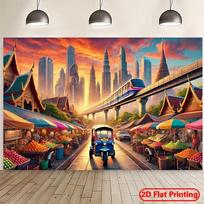 Colorful Bangkok Street Tapestry, Bustling Market with Tuk-tuk, Skytrain and Traditional Temples, Vibrant Thai Cultural Wall Art 47.2x31.5inch/120*80cm