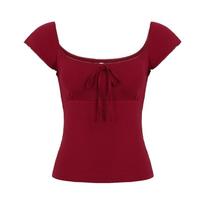 Women Red Square Neck Lace Trim Bow Detail Short Sleeve Slim Fit Casual Blouse S raudona