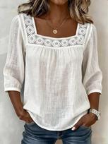 2026 Cross-border New Summer Solid Color Casual Square Collar Lace Patchwork 7/10 Cotton-Linen Short-Sleeve Top for Women S