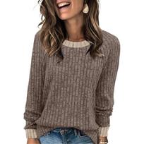 Spring Autumn Tops Women's Pit Striped Sandblasting Color Blocked Casual O Neck Long Sleeves Pullovers S