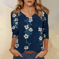 Women's Floral Print Blouse - Three-Quarter Sleeve V-Neck Loose Fit Casual Shirt, Small Floral Pattern Tunic Top L