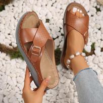 Flat Casual Slippers Cross Strap Belt Buckle Solid Color Beach Shoes Women 36