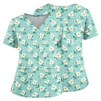 Women V Neck Floral Print Short Sleeve Scrub Top with Pockets and Side Slits Suitable for and Healthcare S