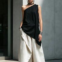 Women's Cotton Linen Asymmetrical Off-Shoulder T-Shirt Loose Casual Summer Top L