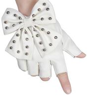 Girls PU Leather Big Bow Punk Korean Anime Mittens Half Finger Gloves Dancing Gloves Women Gloves