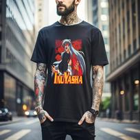 100% cotton TOPS UNISEX TEES MENS WOMENS Inuyasha Sesshomaru T-shirt Red Moon Inu Yasha Kawaii Anime Tee Shirt Horor 300 L juoda