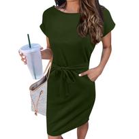 Ladies Casual Fashion Sexy Round Neck Short Sleeve Belted Color Dress XL
