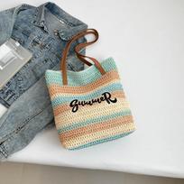 Woven Straw Tote Bag for Women Summer Beach Handbag with Zipper Closure gray