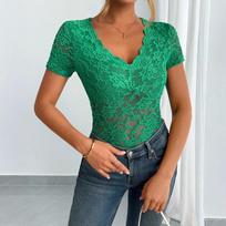 European and American cross-border 2026 spring and summer new women's solid color sexy lace V-neck short-sleeved lace bottoming shirt S