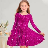Girl Casual 3D Fine Fragmented Light Spot Print Round Neck Long Sleeve Dress Kid Princess Dress 80