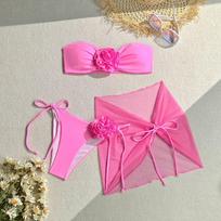 New Three-Piece Swimsuit Women'S Tube Top With Three-Dimensional Big Flower Strap Thong Sexy Beach Swimsuit M