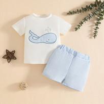 Baby Boy's Infant 2 Piece Outfit Round Neck Short Sleeve Color Embroidered Top and Stylish Shorts Set for Summer Vacation 100