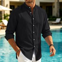 Men's Striped Long Sleeve Cardigan - Stand Collar Casual Button Down Shirt - for Daily Wear, Work, or Weekend - Soft Cotton Fabric L