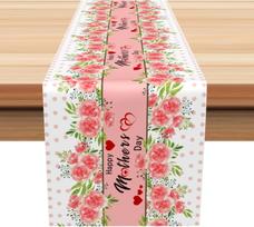 Happy Mother's Day Rose Flower Linen Table Runner Party Decor I Love Mom Kitchen Dining Table Runner Mother's Day Decorations 150x33cm