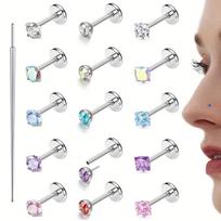 Trendy & Personalized Stainless Steel Press-Fit Nose Ring & Nose Stud Set, Unisex, Rainbow Crystals Sparkling 15-piece set&Rod length: 6 mm