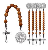 6-Piece Buddhist Beaded Bracelet Rosary with Wood Cross Gold Plated Unisex Religious Gift for Anniversary