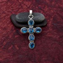 Blue Topaz Gemstone Cross Shape Pendant : 925 Sterling Silver Handmade Jewelry Pendant 2.75 Inch