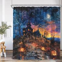 Namas su vaiduokliais Baisi naktis Dušo užuolaida Pilnatis Gotikinė pilis Moliūgo žibintas Baisus vonios kambario dekoras Helovino vonios užuolaida 90x180cm-35x70in