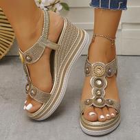Fashion Fashion Women Shoes Crystals Wedges Heel Sandals Women Summer Chunky Platform Bohemian Sandalias Mujer Slip on High Heels Sandle 35 auksas