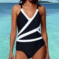 Women's Black & White Color Block One Piece Swimsuit - V-Neck Adjustable Strap Mesh Panel Beachwear S