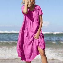 Women Short Sleeve Pockets Cotton Linen Loose Beach Casual Dress XXXL