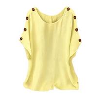 Women Tops Round Neck Batwing Short Sleeve Buttons Decor Tee Shirt Loose Fit Pure Color Summer Casual Blouse S geltona