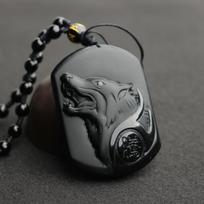 Natural Black Obsidian Pendant Lucky Carved Wolf Head Amulet Necklace For Men Fashion Vintage Handmade Jewelry Necklace Gifts