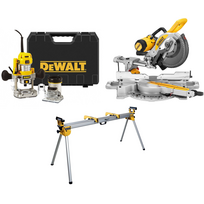 D26204K DeWALT freza 900W 8 mm + DWS727 skersinio pjovimo staklės (250mm) + DE7023 pjūklo stalas