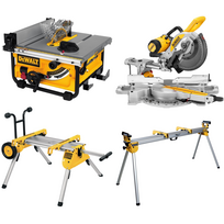 DWE7485 DeWALT išilginio pjovimo staklės + DE7400 stovas + DWS727 skersinio pjovimo staklės + DE7023 stalas