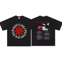 25SS High quality Vintage Rock Red Chili Printed Band Short Sleeve Heavy Washed Cotton Loose Casual Oversize Street Pop T-shirt S