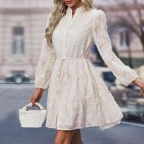 Womens Lace Long Sleeve Mini Dress Button Up Empire Waist with Belt A-Line Dresses Trendy Casual Fall Winter Dress S