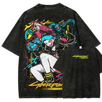 Cyberpunk Išskalbti marškinėliai 2026 Naujas modelis Asmenybės drabužiai marškinėliai Visų metų drabužiai Retro Laisvi Didesnio dydžio Dydžiai Unisex L black
