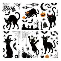 No Residue Holiday Decorations 6 Sheets/Set Black Cat Window Stickers Adhesive Free Static Clings Halloween Clings Bat Pumpkin Spider Web Decals for