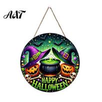 Indoor Outdoor Holiday Decoration Happy Halloween Front Door Hanging Sign, Retro Round Witch Hat Magic Cauldron Horror Fantasy Dark Theme Decor Wooden A